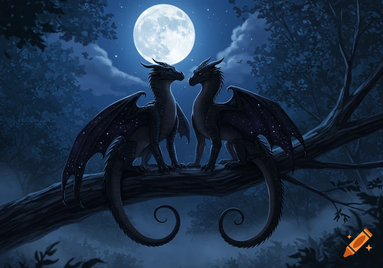 Two dark dragons with starry wings sit on a tree branch, facing each other under a large full moon in a mystical forest at night.