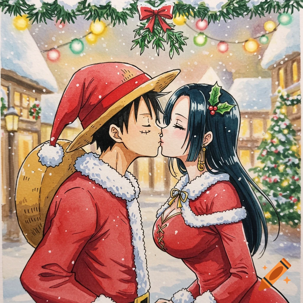Luffy and Hancock from One Piece, dressed as Santa and Mrs. Claus, share a kiss under mistletoe in a snowy Christmas village. Watercolor style.