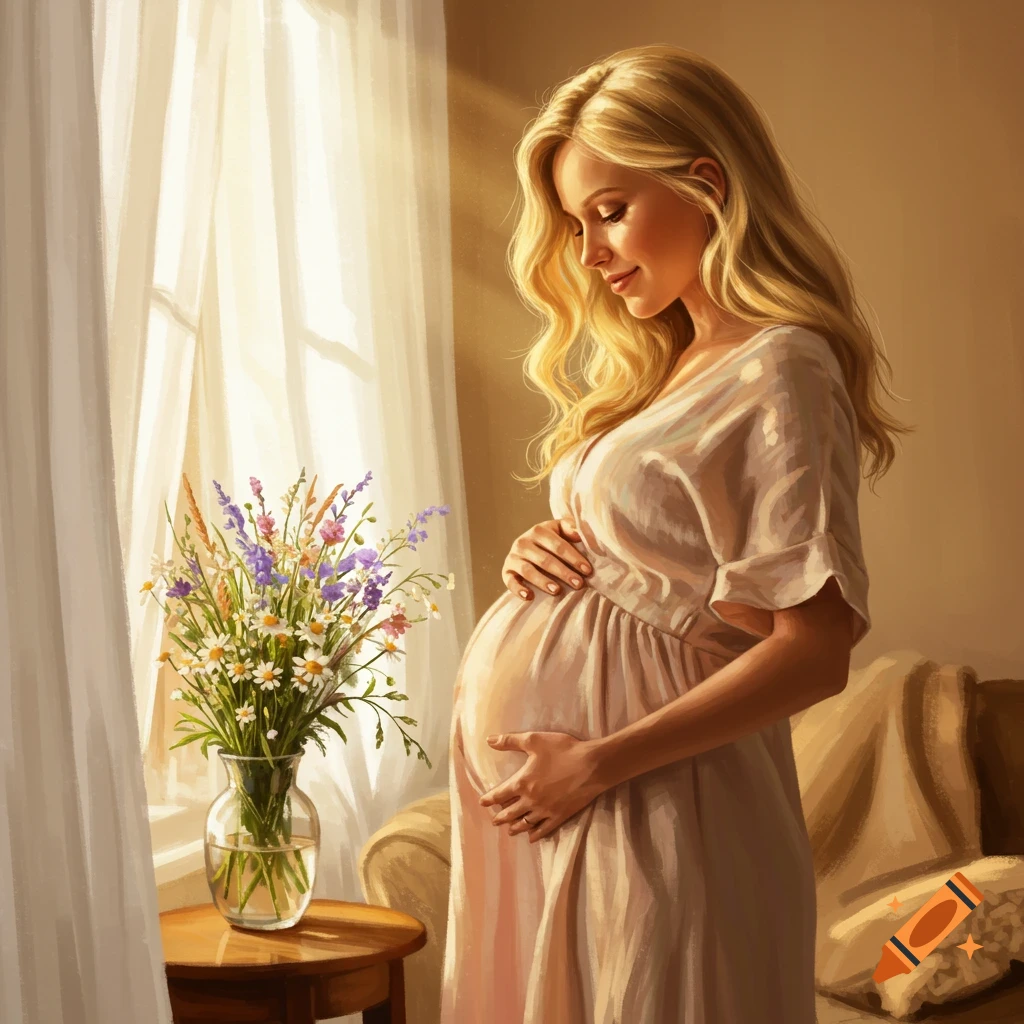 Blonde pregnant woman in a light dress cradles her belly by a sunlit window with wildflowers. Digital painting.