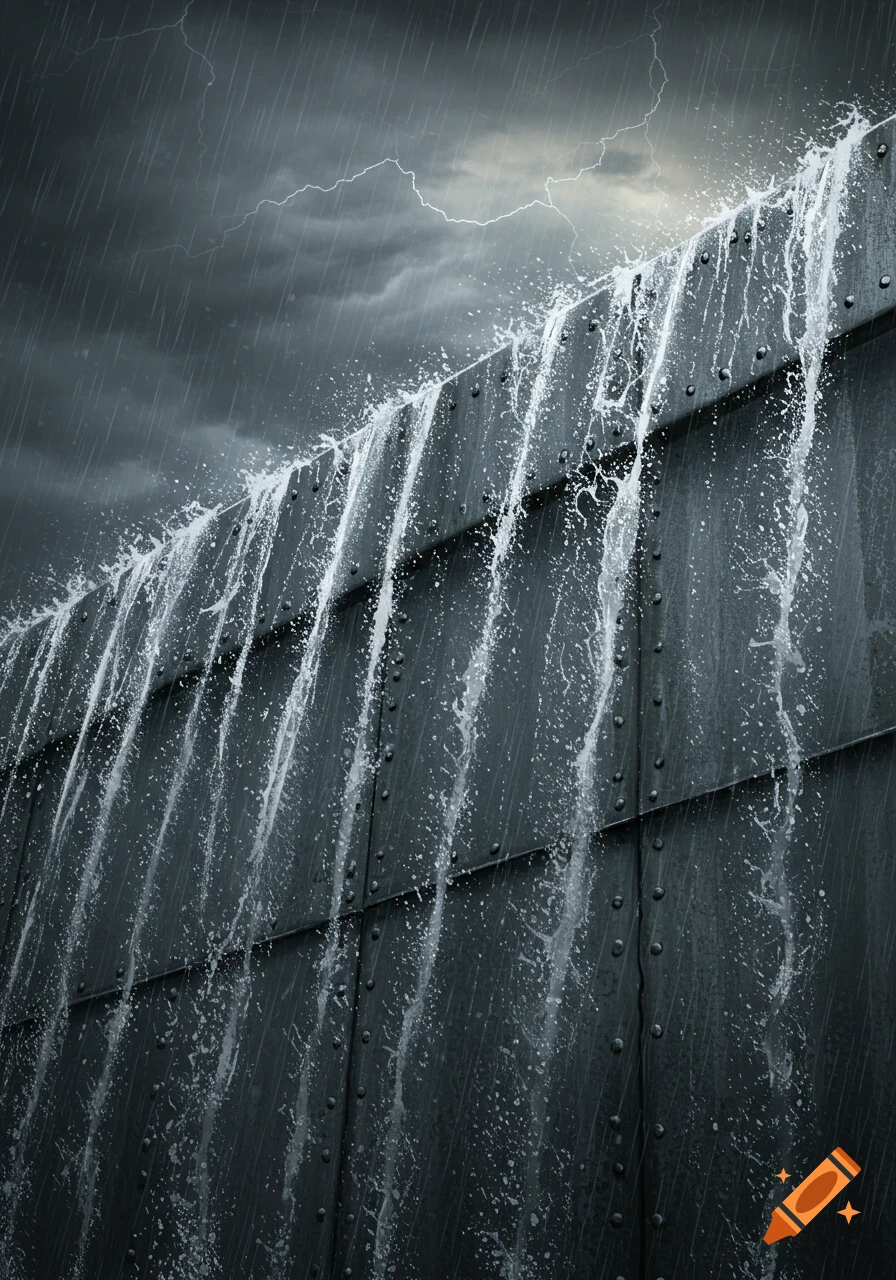 Heavy rain and water cascade over a dark, riveted steel wall under a stormy, lightning-filled sky in a photorealistic style.