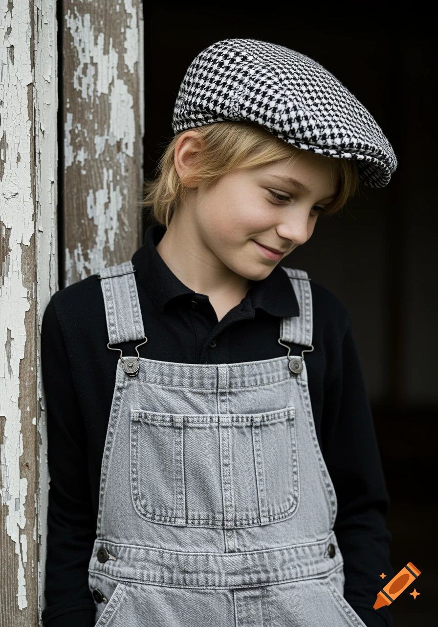 Blonde boy in grey denim overalls and houndstooth cap, smiling gently, leaning on a weathered wooden doorframe. Photorealistic.