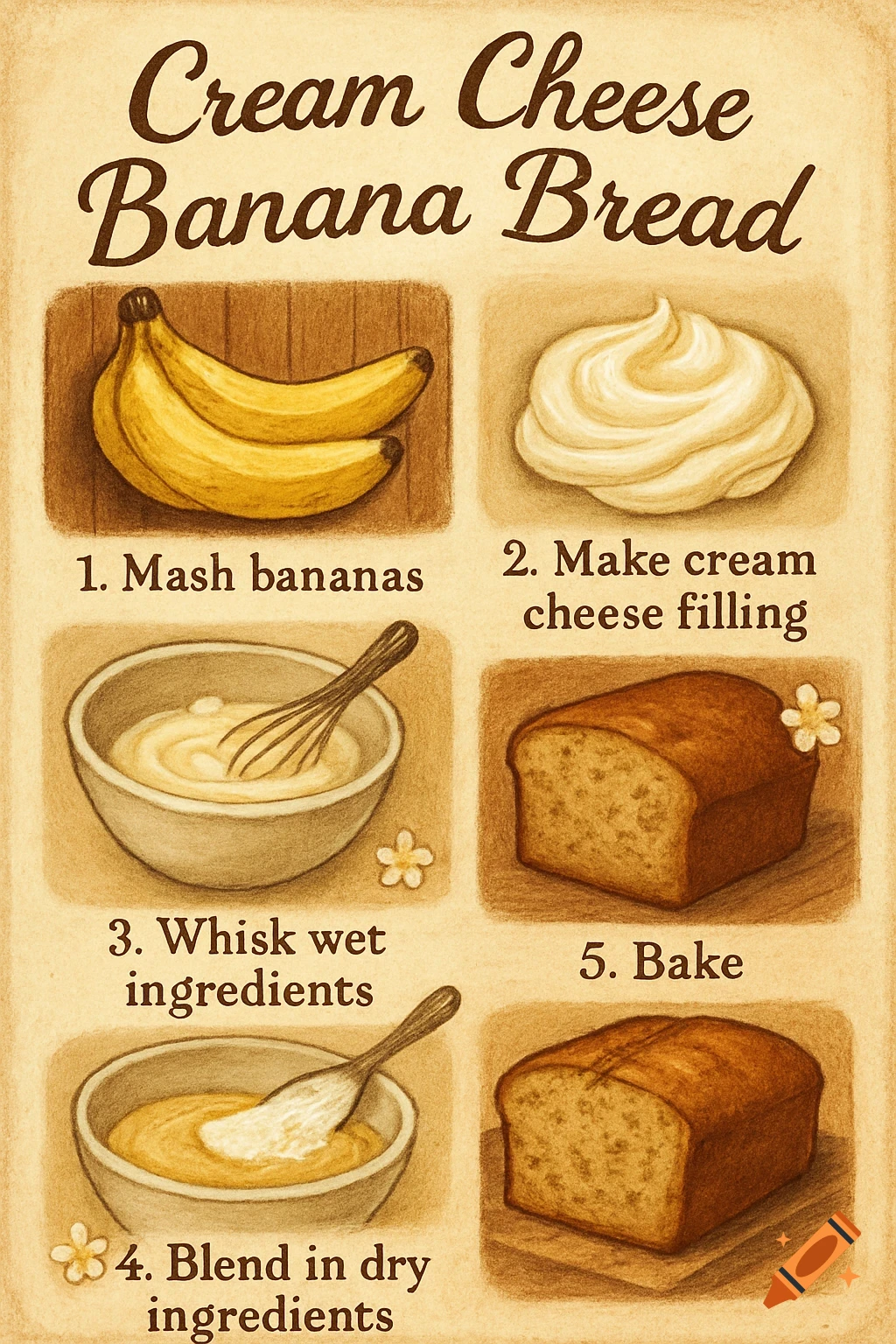 Hand-drawn recipe infographic for Cream Cheese Banana Bread, showing bananas, cream cheese, mixing, and baked bread.