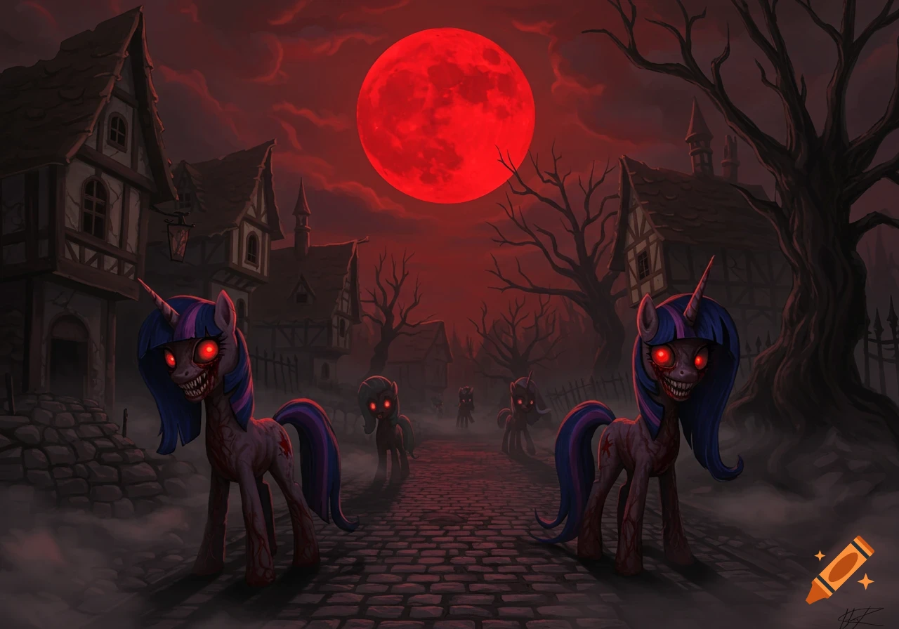 Blood-stained, corrupted ponies with glowing red eyes and sharp teeth on a cobblestone street in an eerie village under a blood-red moon.