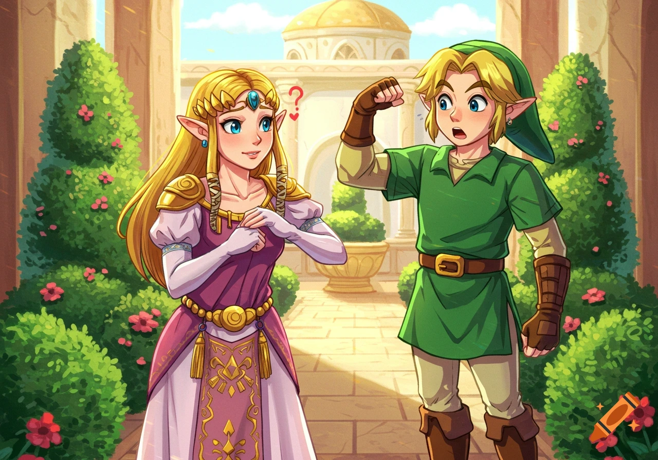 Link flexes his bicep for a surprised Princess Zelda in a sunny, illustrated cartoon garden.