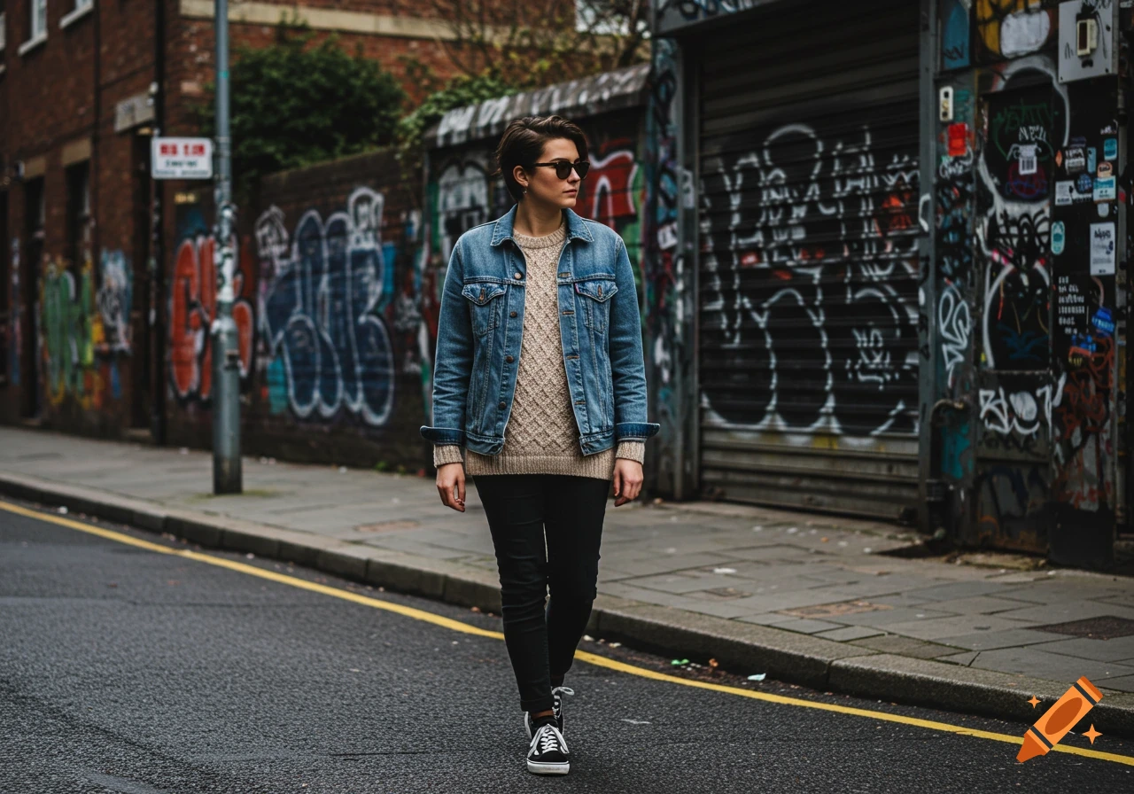 A person in a denim jacket, knitted sweater, and black jeans walks down an urban street with graffiti-covered walls. Photorealistic.