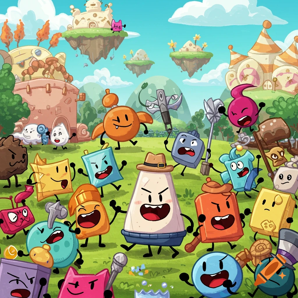 A colorful cartoon scene of many anthropomorphic objects with faces and limbs on a grassy hill, with floating islands and whimsical buildings in the background.