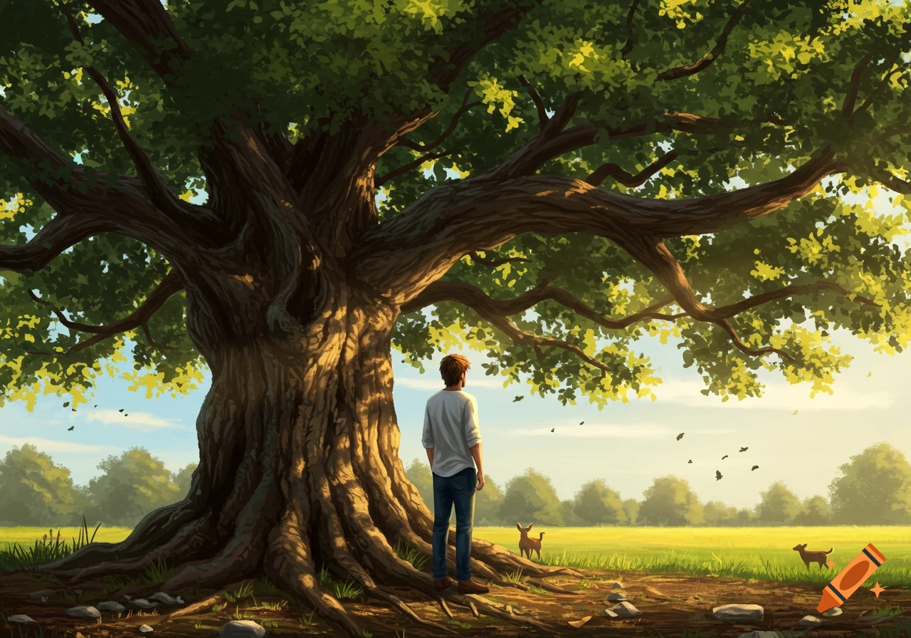 Illustrative painting of a man standing under a large, ancient tree in a sunlit green field with small animals.
