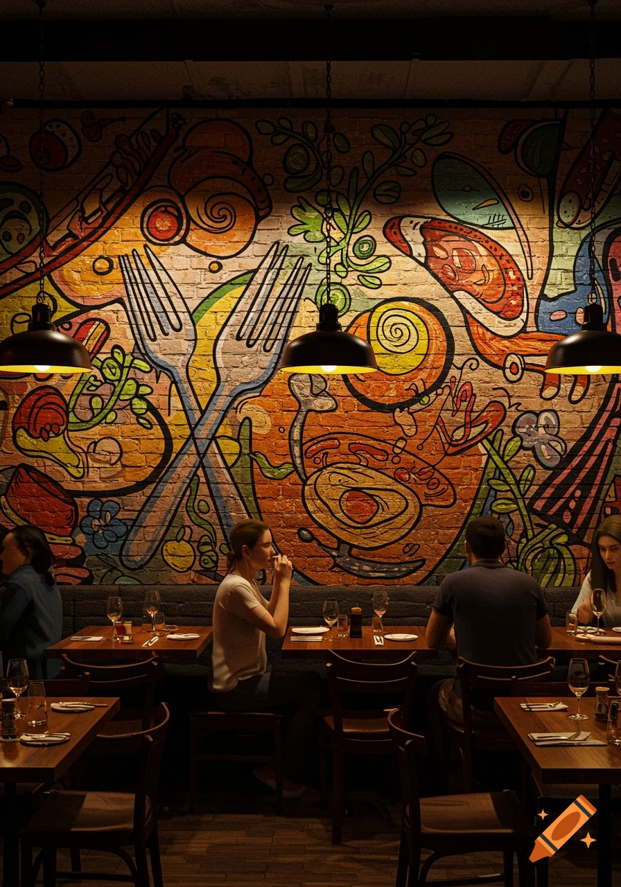 A dimly lit restaurant interior features a vibrant, abstract mural covering a brick wall, with patrons seated at tables.