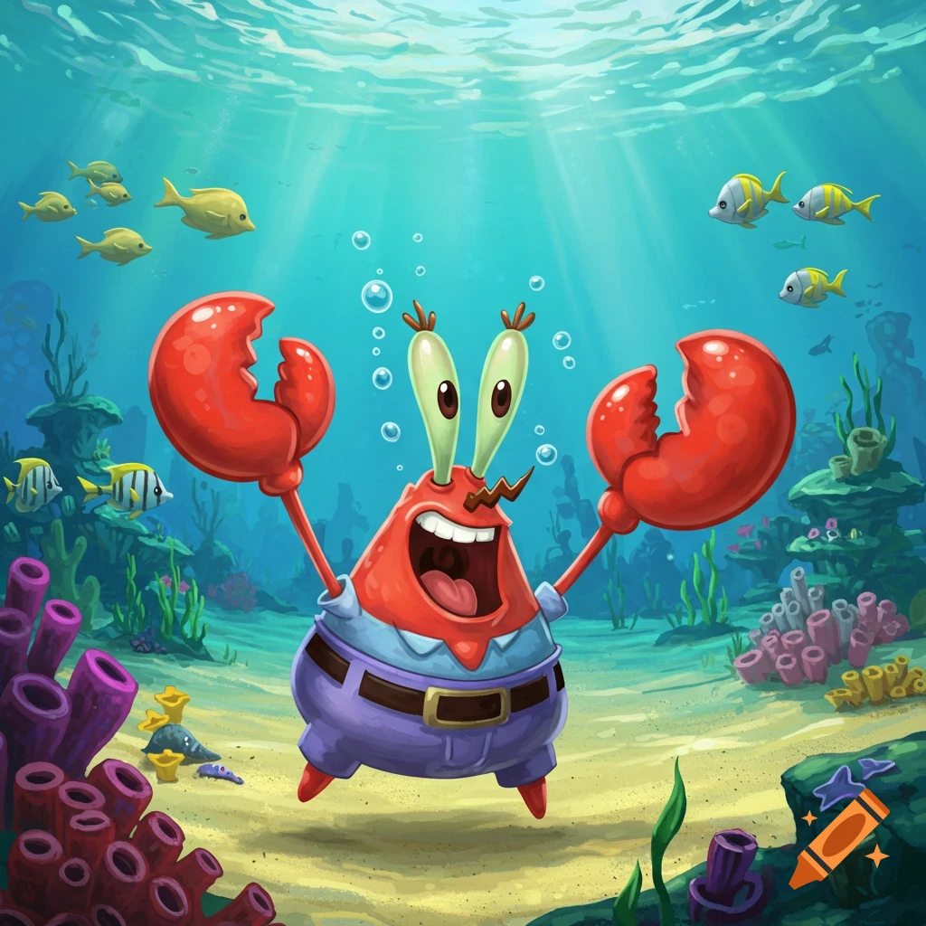 Mr. Krabs from SpongeBob SquarePants, happy underwater with fish and coral, in a vibrant cartoon style.