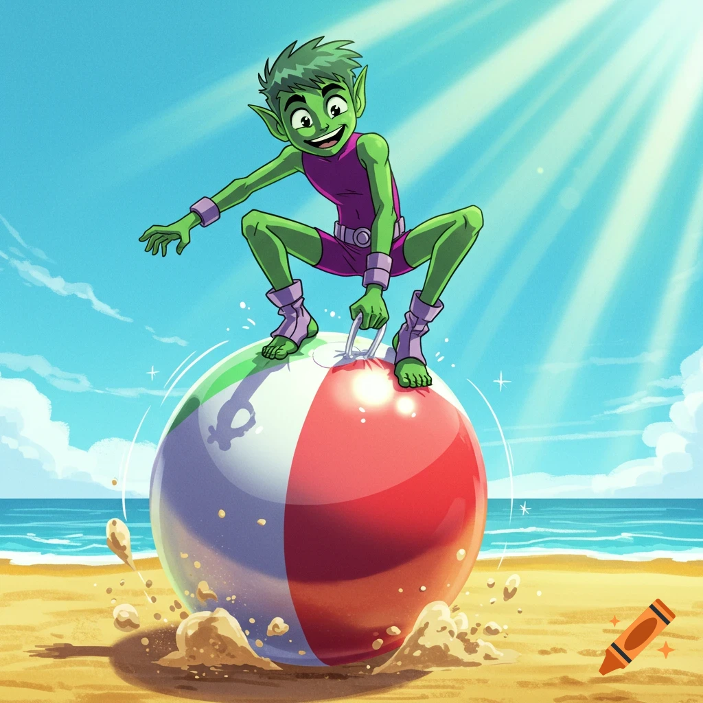 Beast Boy from Teen Titans bounces on a giant red and white beach ball on a sunny beach, with sand kicking up.