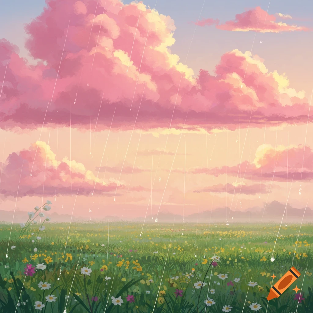 A vibrant illustration of a rainy meadow with colorful wildflowers under a sky filled with fluffy pink and orange clouds.