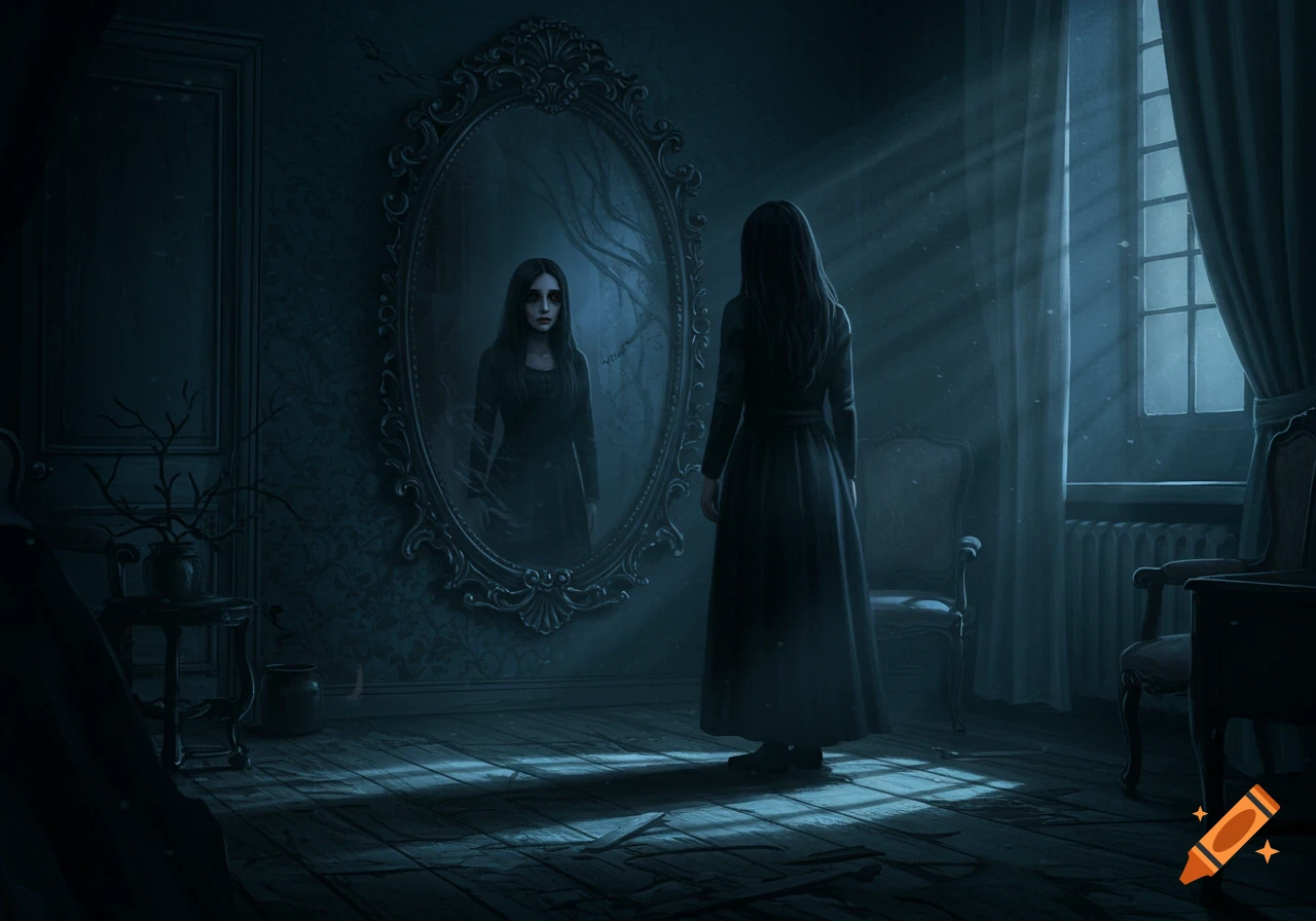A woman in a dark, eerie room looks into an ornate mirror, which shows a ghostly, distorted reflection of herself. Digital painting.