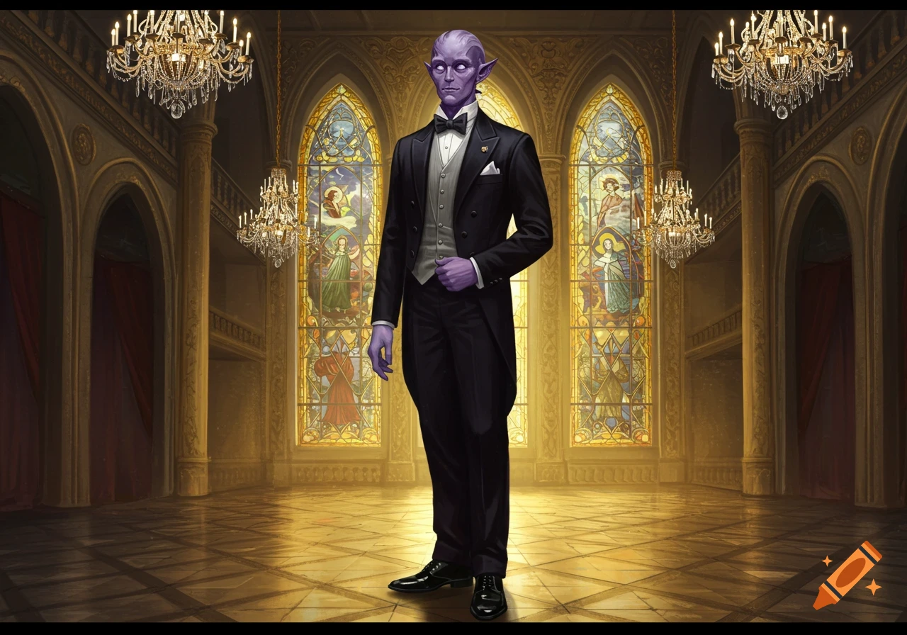 A purple-skinned githyanki in a tuxedo stands in a grand hall with stained glass windows and chandeliers.