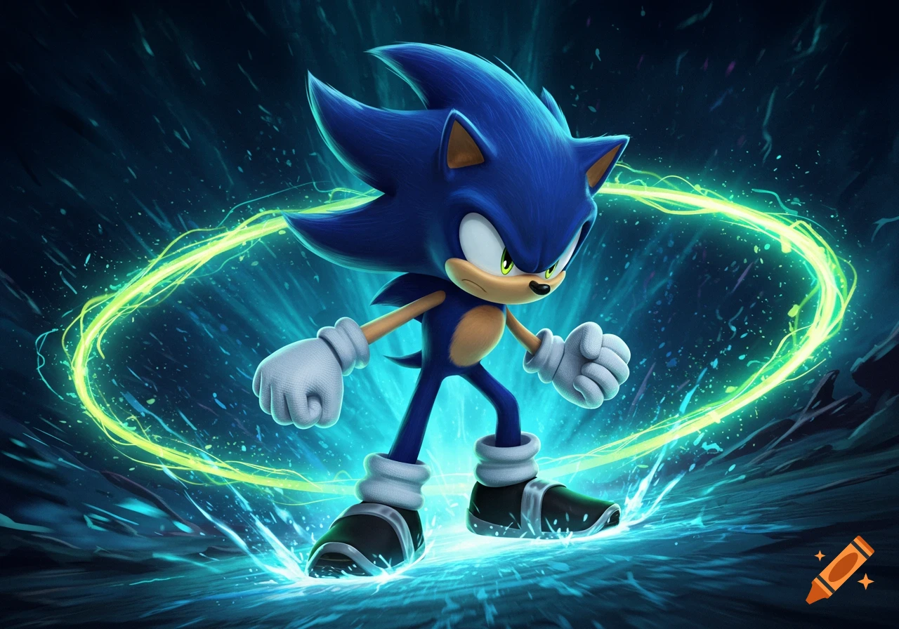Sonic the Hedgehog stands in an action pose surrounded by vibrant green and blue energy against a dark, dynamic background.