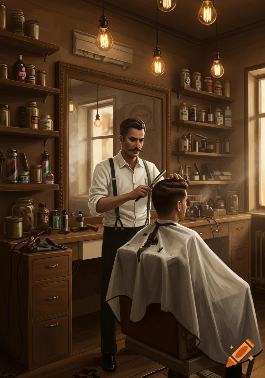 A barber with a mustache giving a haircut to a client in a vintage-style barbershop with wooden shelves and glowing Edison bulbs.