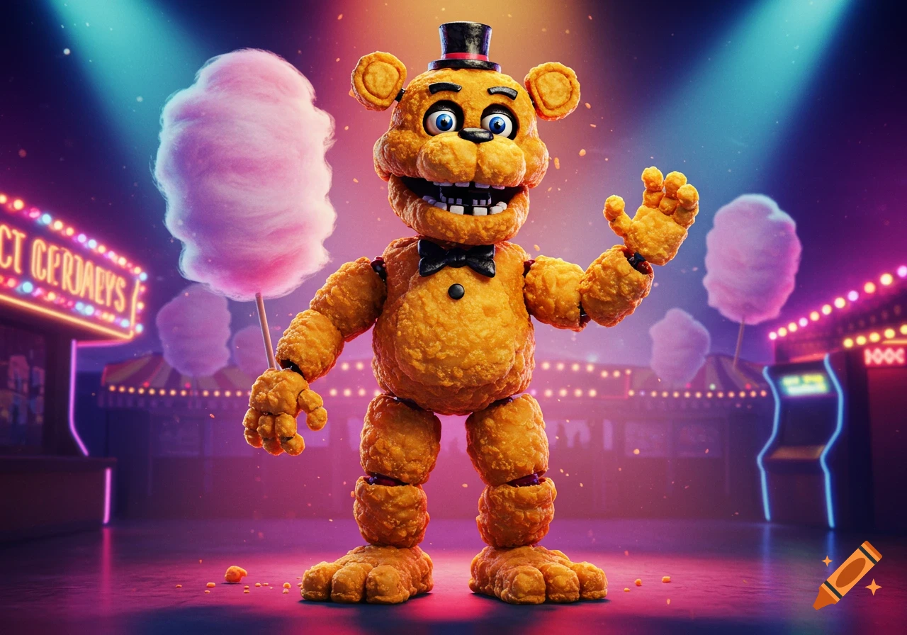 A chicken nugget Freddy Fazbear with a top hat and bowtie holds pink cotton candy at a vibrant carnival arcade.