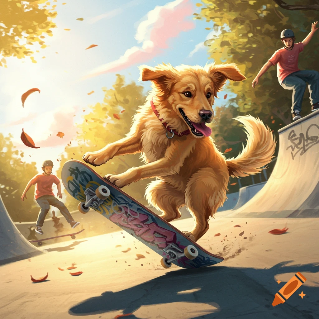 A happy golden retriever dog performs a kickflip on a skateboard in a vibrant, sunny skate park with two children, illustrated.