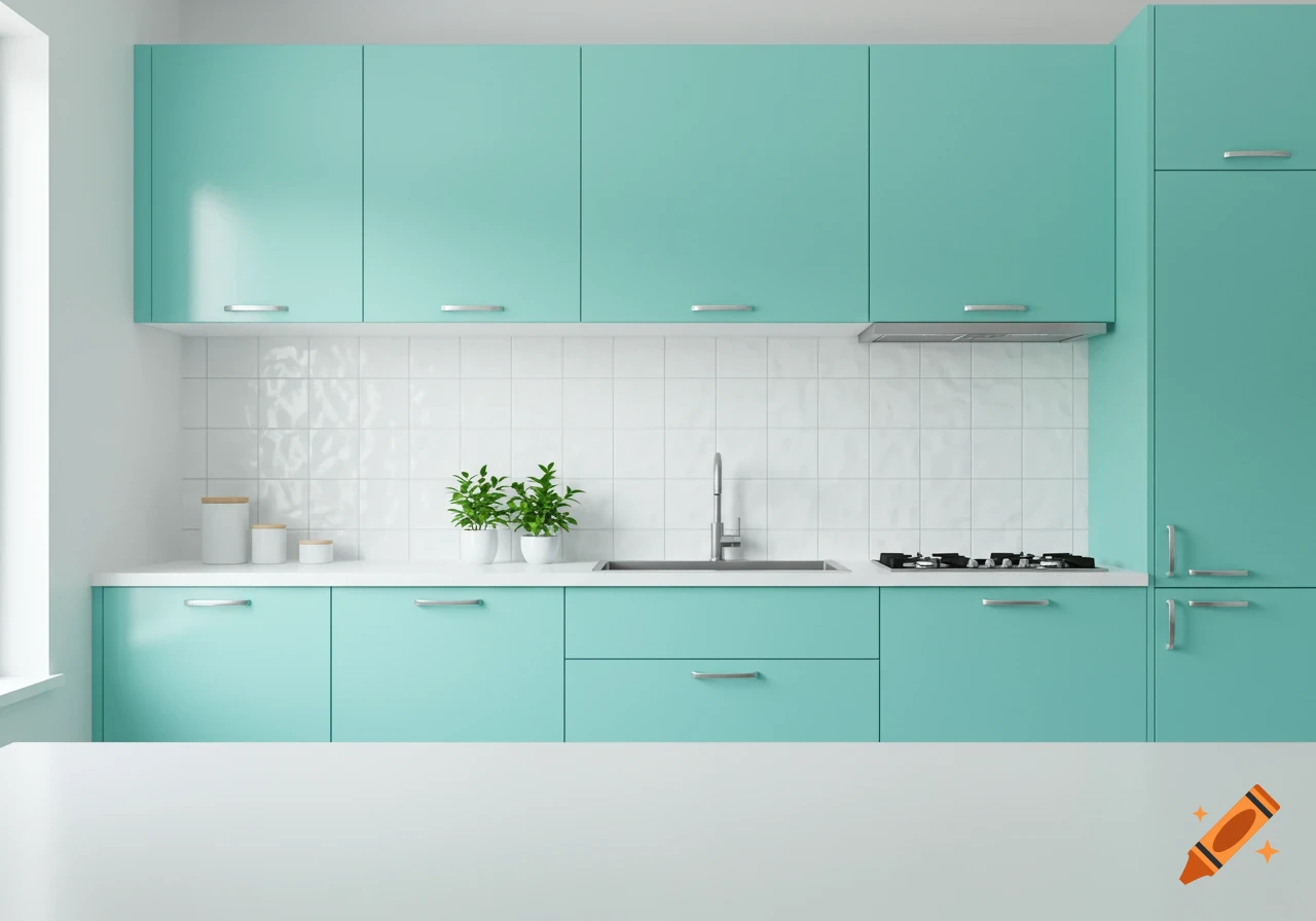 Modern kitchen with bright turquoise cabinets, white countertops, a tiled backsplash, sink, gas stove, and potted plants.