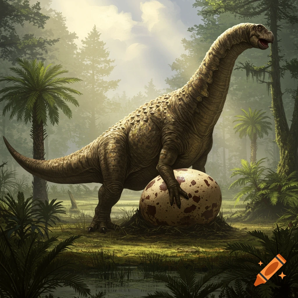 A large, long-necked dinosaur stands over a giant, speckled egg in a lush, misty jungle, bathed in sunlight.