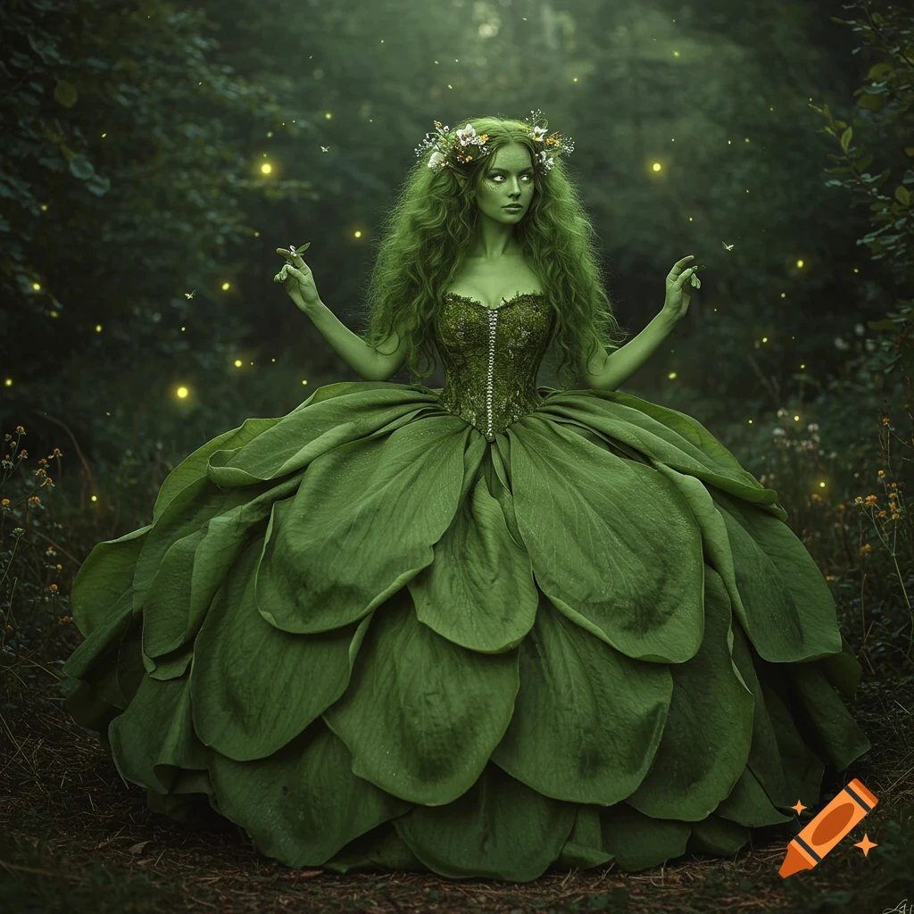Green-skinned witch with glowing eyes and leaf gown stands in a dark, magical forest surrounded by fireflies.