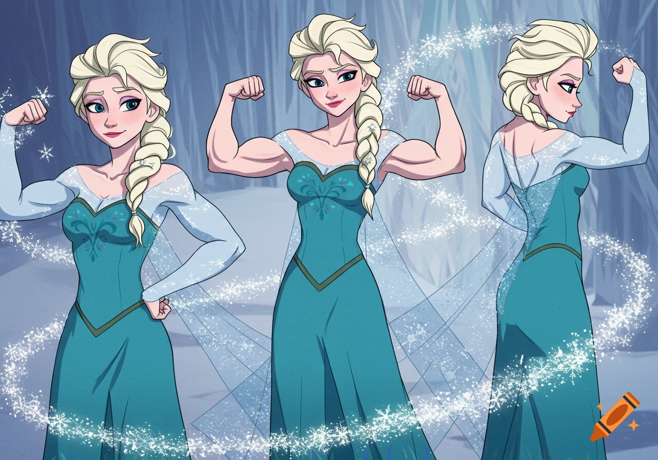 Cartoon Elsa from Frozen flexing her muscular arms in three poses against an icy background.
