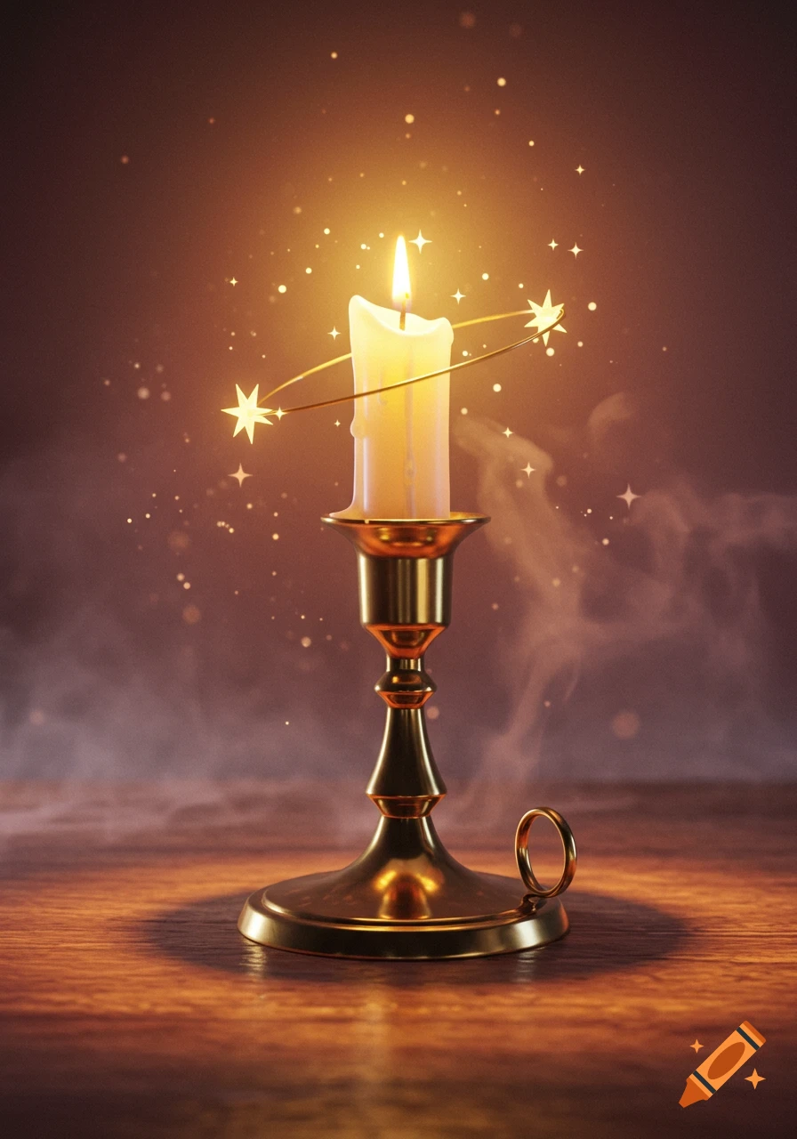 A glowing candle in a golden candlestick on a wooden table, surrounded by sparkling stars and a mystical aura.