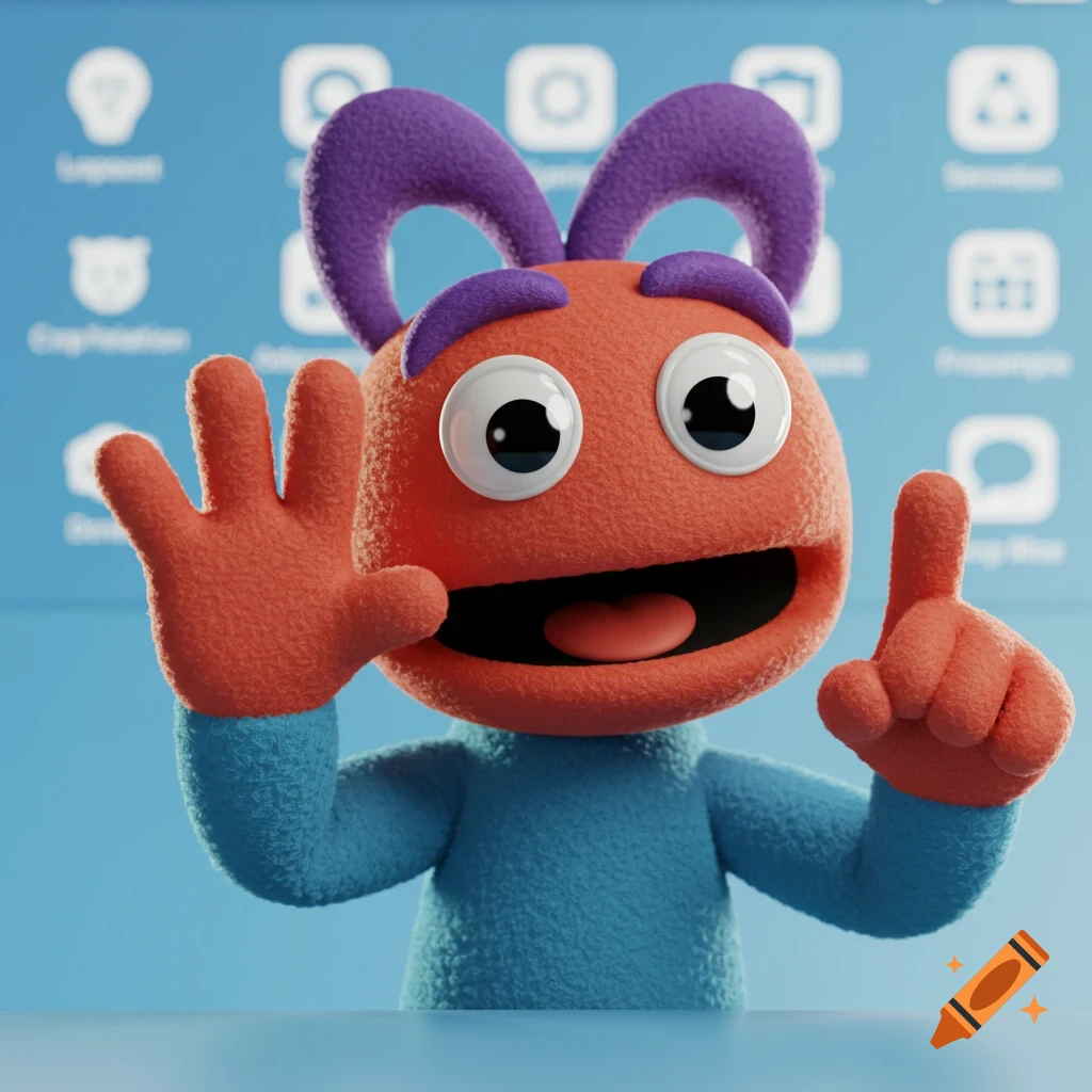 A fluffy orange, purple, and blue puppet-like character waves with one hand and points up with the other, in front of a blurry blue screen with app icons.