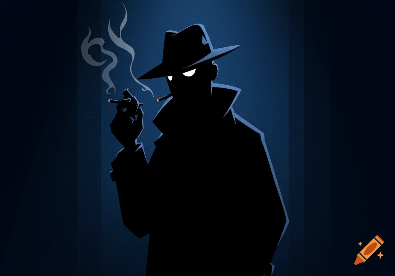A stylized cartoon silhouette of a detective in a hat and trench coat, smoking a cigarette, with glowing white eyes against a dark blue background.