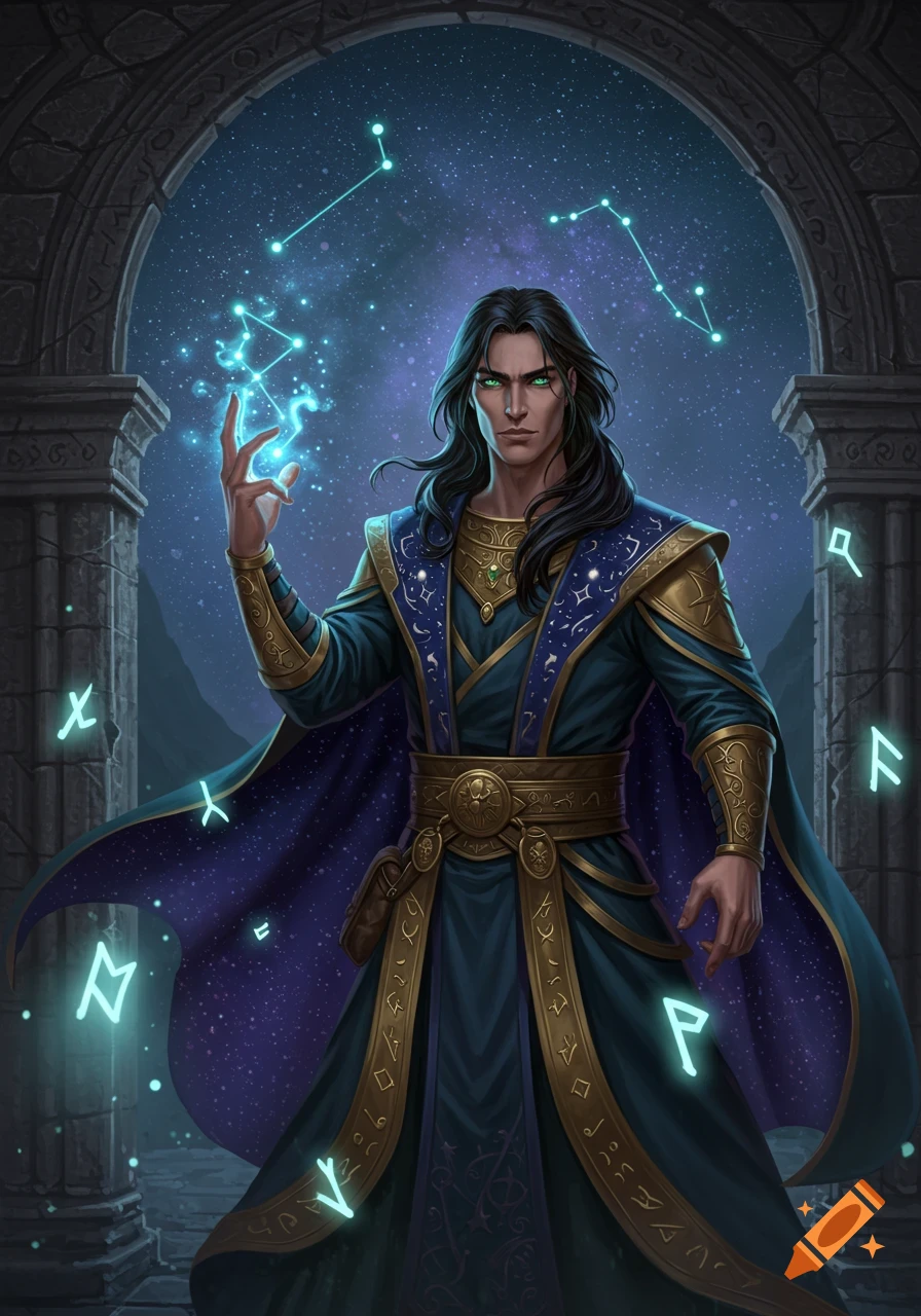 A male mage with long dark hair and green eyes, wearing blue and gold robes, stands under an archway, conjuring glowing blue magic and runes against a starry night sky.