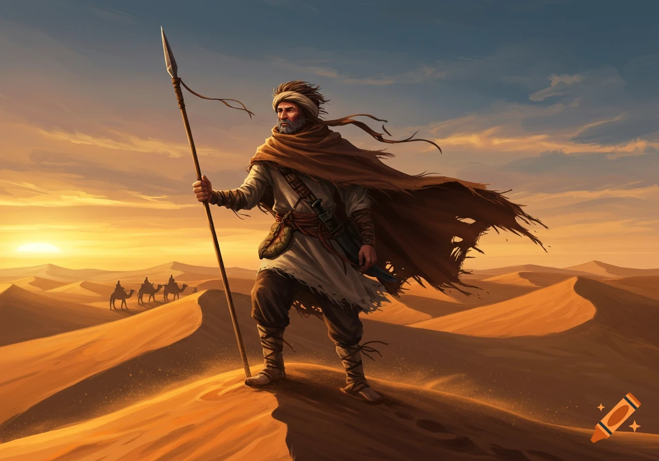 A determined nomadic man stands with a spear on a desert dune at sunset, with camels in the distance, in an illustrative style.