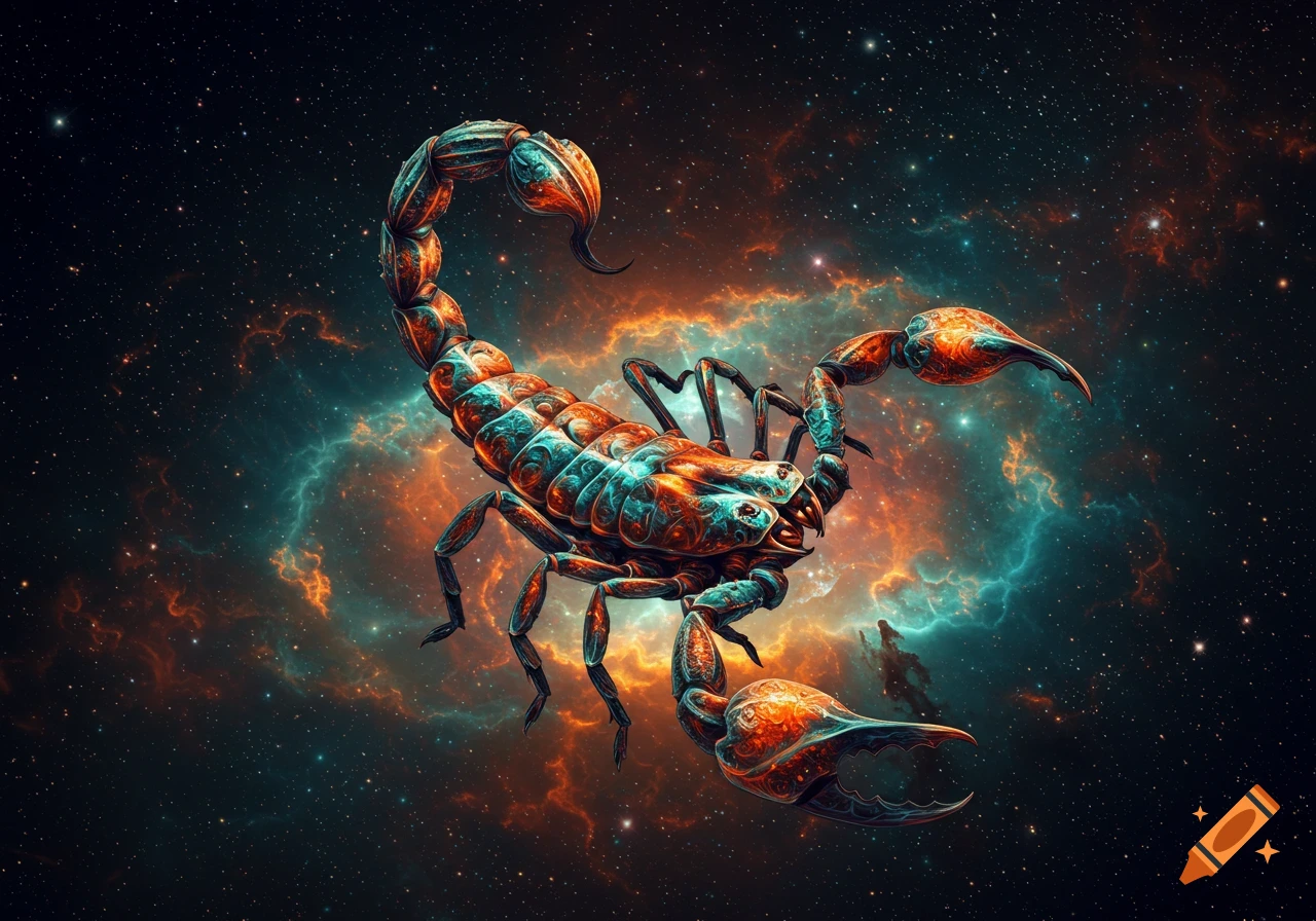 A vibrant, intricately detailed scorpion with teal and orange patterns floats in a starry cosmic nebula.