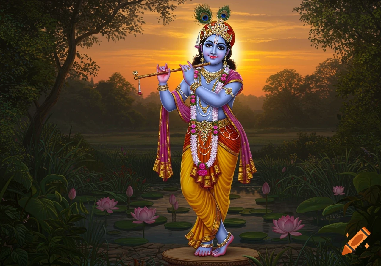 Blue-skinned Lord Krishna playing a flute in a forest with lotus flowers, against a sunset. Digital illustration.