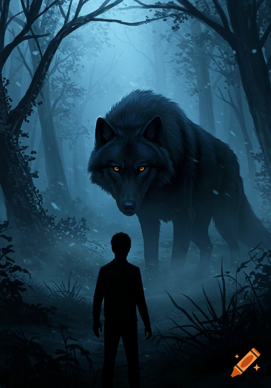 A large black wolf with glowing orange eyes looms over the silhouette of a young man in a dark, misty forest, illustration.