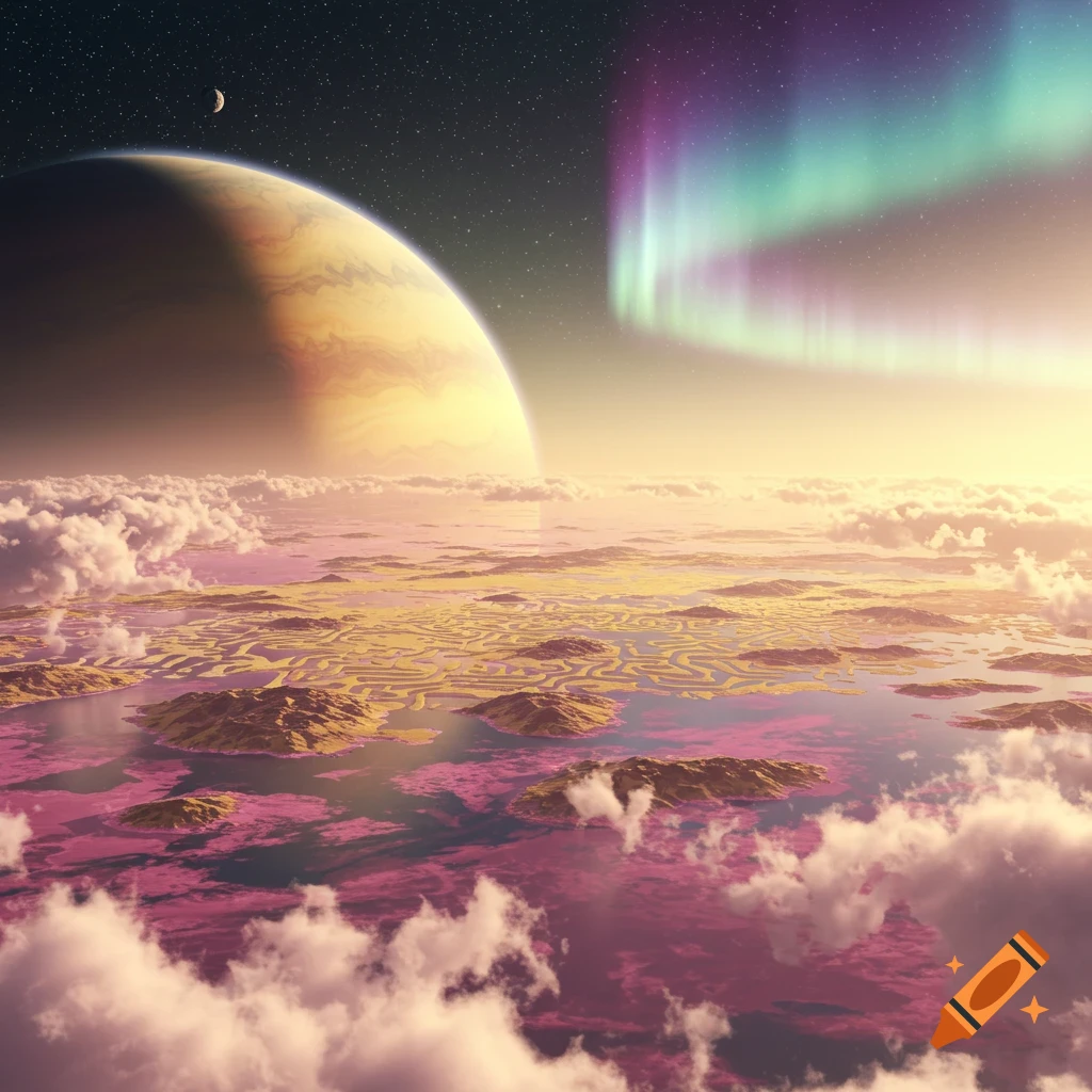 Vibrant alien landscape with pink water, yellow maze-like land, and clouds under a gas giant planet and colorful aurora.
