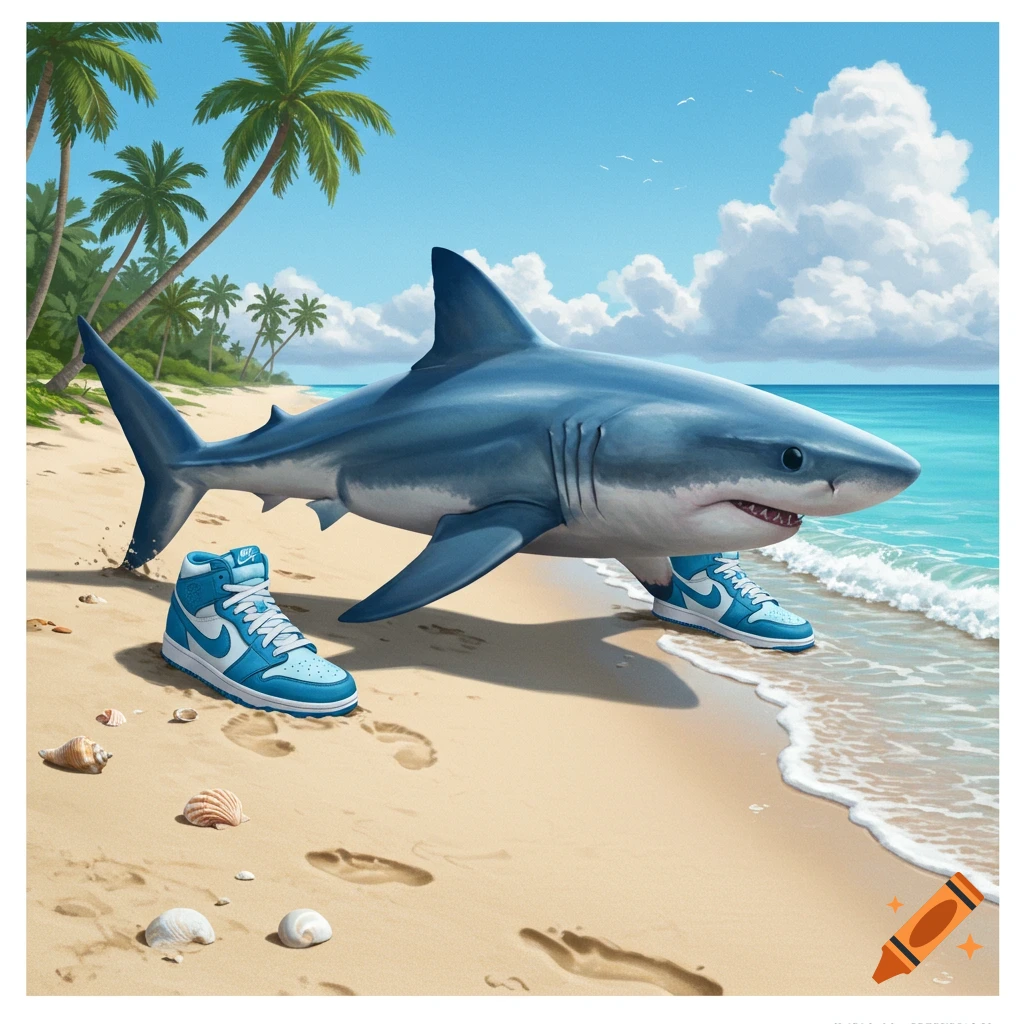 A cartoon shark in blue sneakers stands on a sunny beach with palm trees and ocean waves, leaving footprints in the sand.