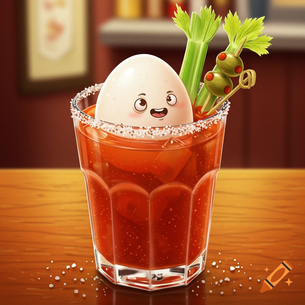 A funny cartoon egg with a happy face in a Bloody Mary cocktail, garnished with celery and olives, on a wooden bar.