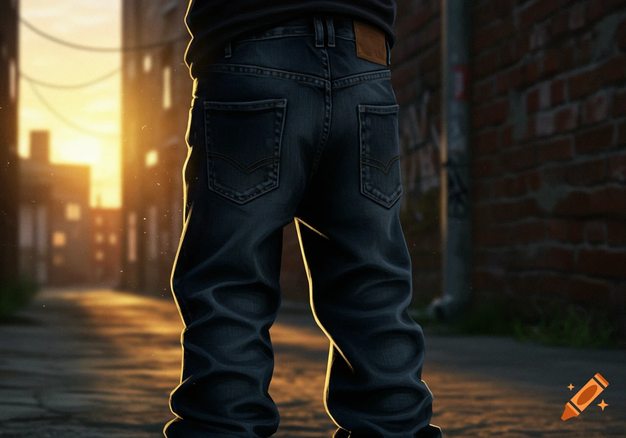 A person's legs in dark blue sagging jeans, seen from behind in a sunlit urban alleyway.