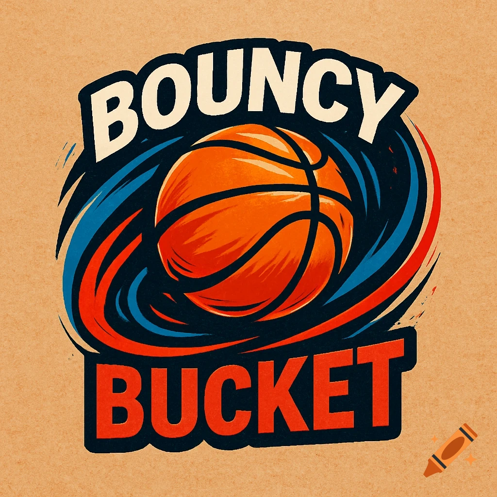 A stylized logo featuring an orange basketball surrounded by blue and red swirling lines, with the words 'BOUNCY' above and 'BUCKET' below, all on a textured beige background.