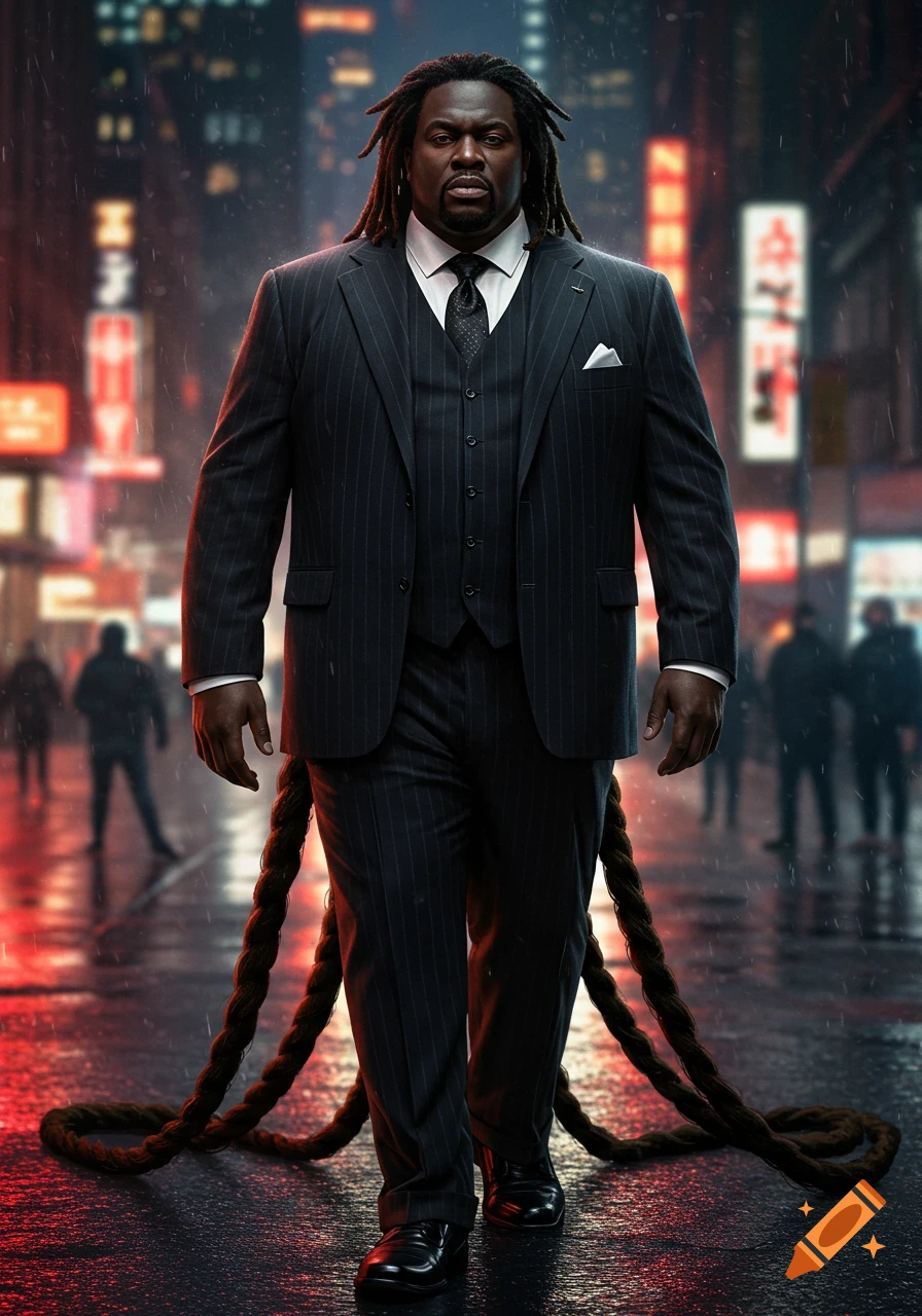 A towering Black man with long dreadlocks in a pinstripe suit walks down a rainy city street at night, looking intimidating.