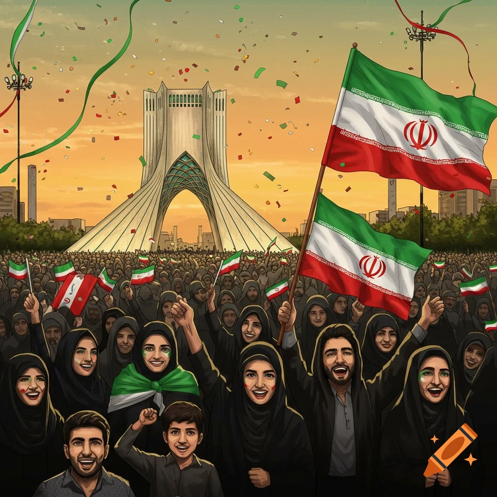 A jubilant crowd waves Iranian flags in front of Azadi Tower, with confetti falling. People are smiling and celebrating, some with flags painted on their faces.