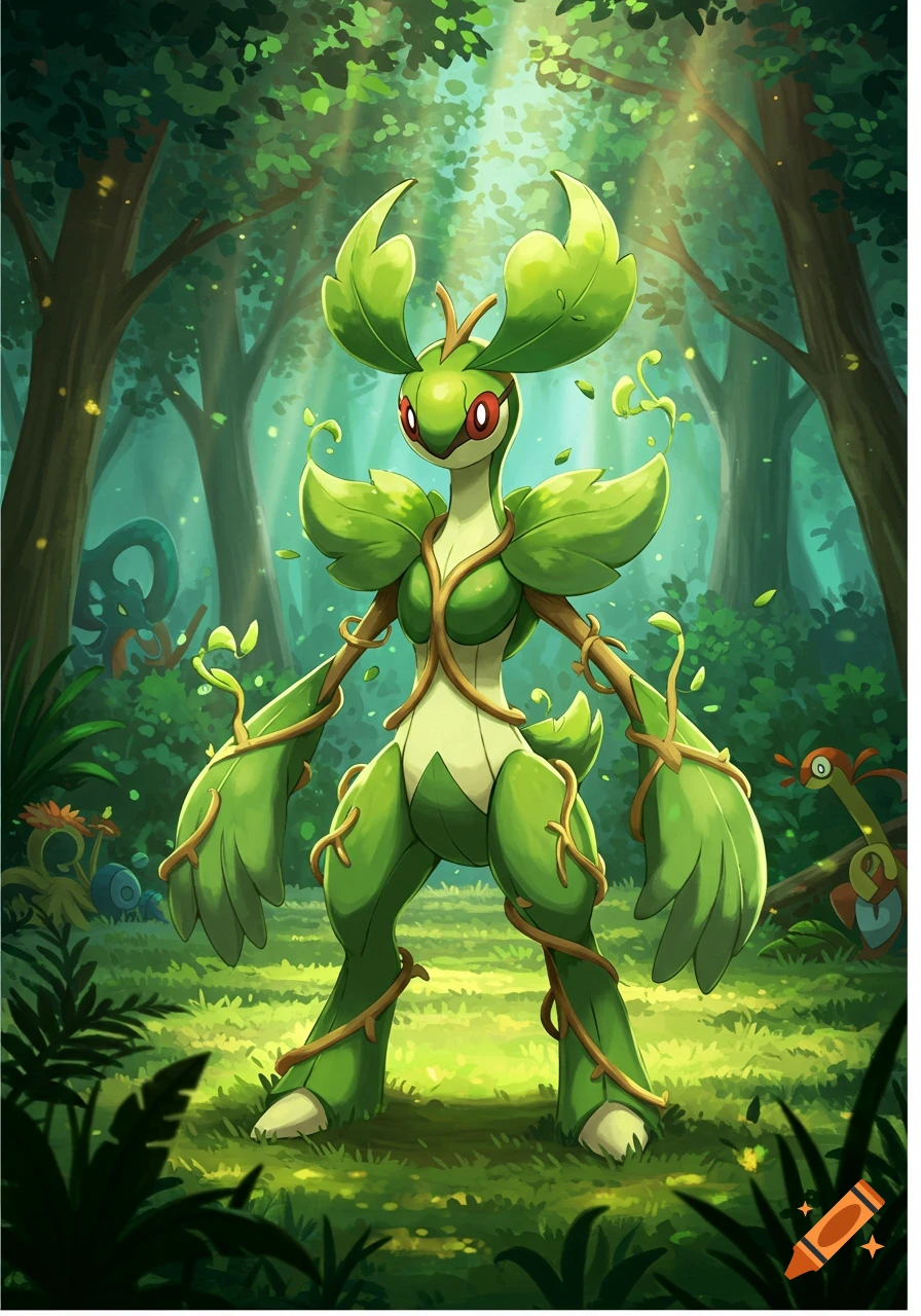 A green, plant-like bipedal Pokémon with leaf ears and vines stands in a sunlit forest.