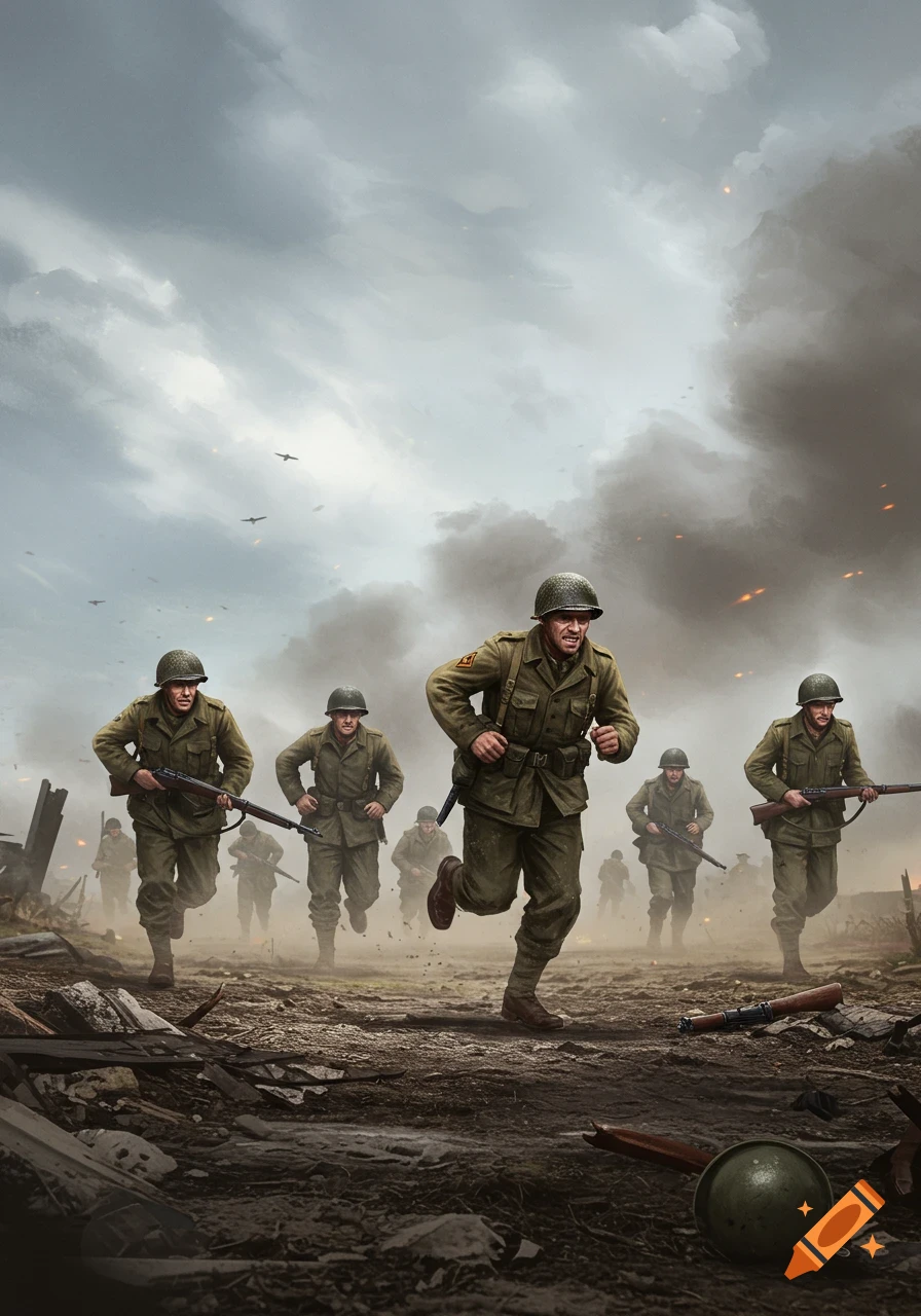 WW2 soldiers run across a debris-strewn battlefield under a smoke-filled, cloudy sky.
