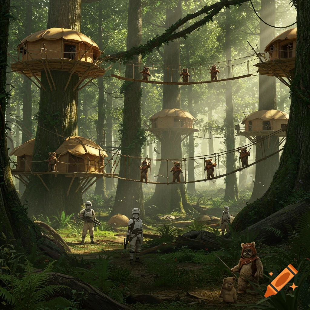 Photorealistic scene of Ewoks in their tree village, with Stormtroopers patrolling a dense, sunlit forest floor.
