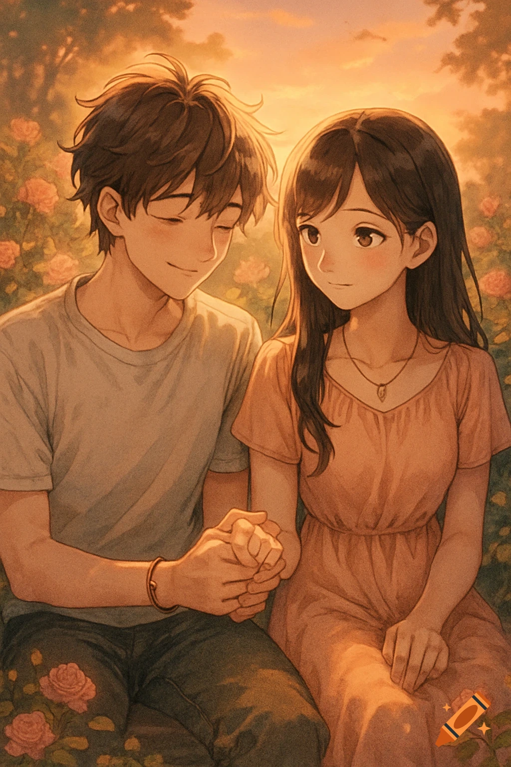 Anime style illustration of a young couple holding hands in a rose garden at sunset.