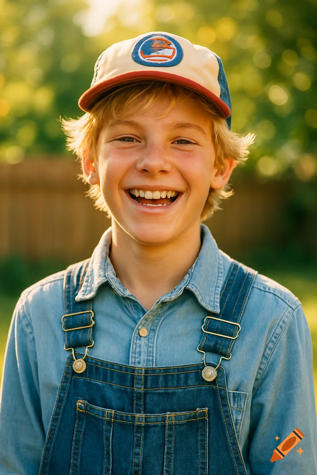 A joyful boy with blonde hair in a denim shirt and overalls, wearing a vintage baseball cap, smiles broadly outdoors in sunlight.