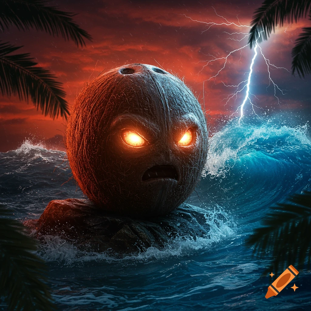 A menacing coconut creature with glowing orange eyes emerges from a stormy blue ocean under a dark red sky with lightning.