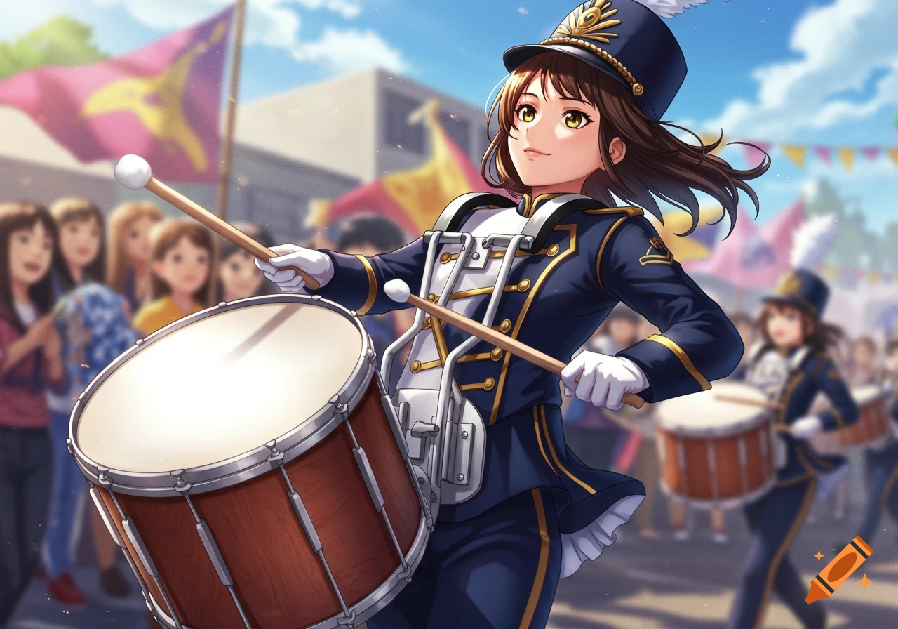 An anime-style girl in a navy blue marching band uniform plays a bass drum in a parade, with other band members in the background.
