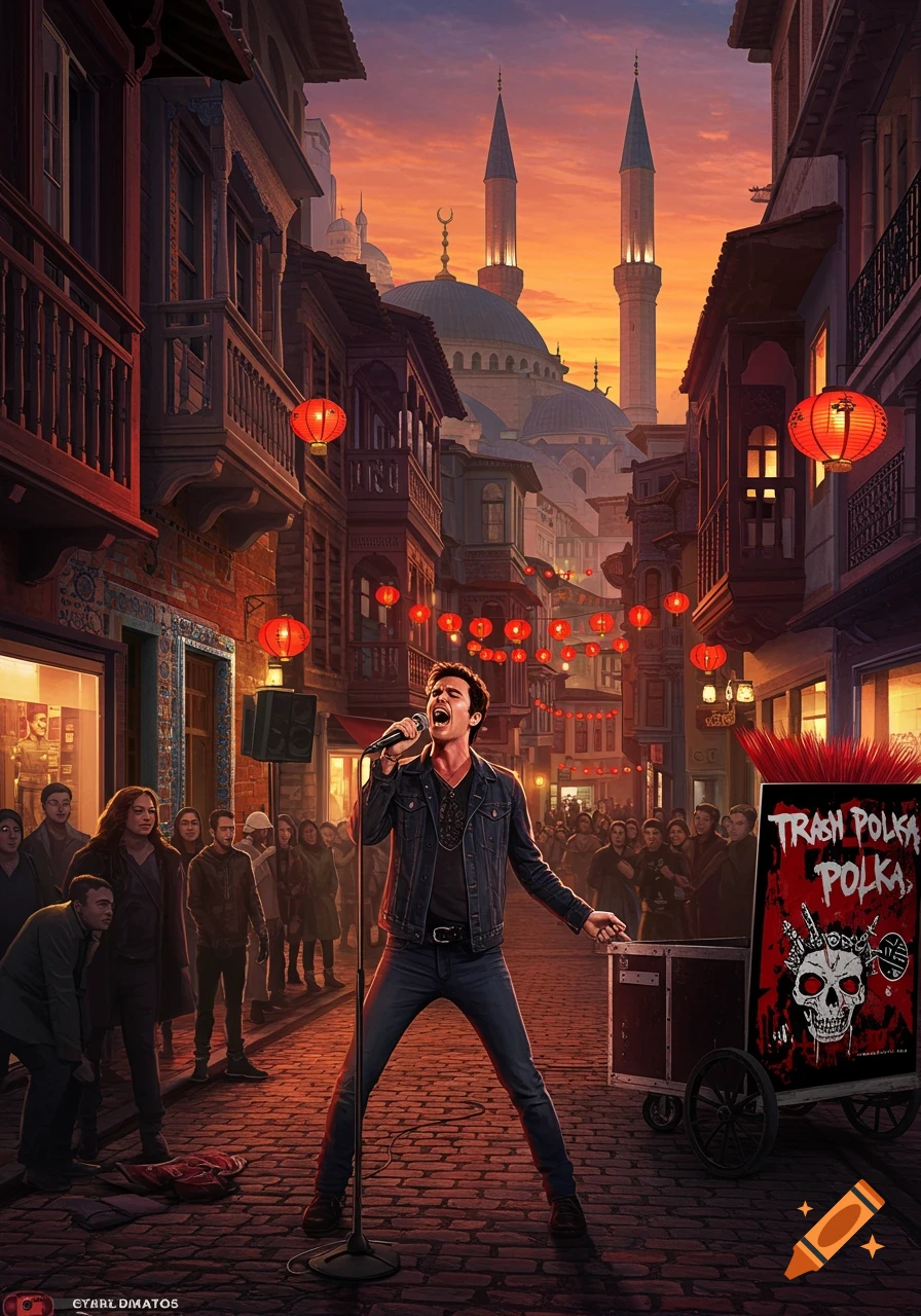 A man sings into a microphone on a cobblestone street at sunset, surrounded by an admiring crowd and a cart with a "Trash Polka" punk rock poster. Ornate buildings and a mosque with minarets are in the background, adorned with red lanterns.