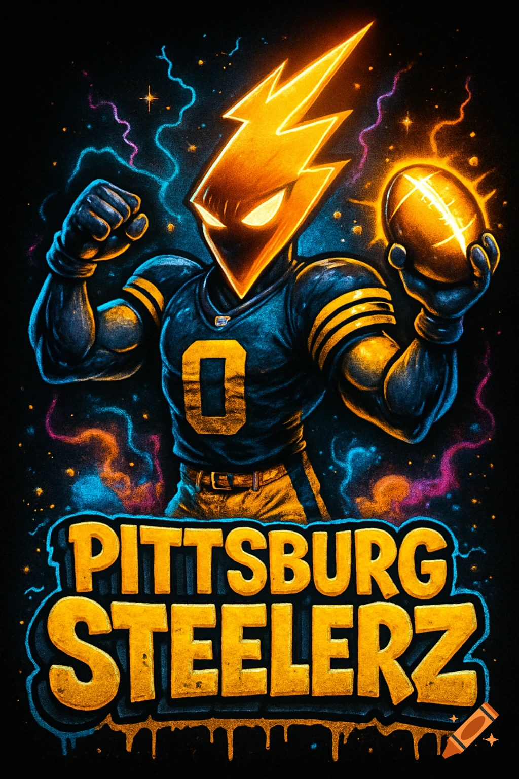 Cartoon lightning-headed football player in a black and yellow uniform, holding a glowing football, with neon background and 'PITTSBURG STEELERZ' text.