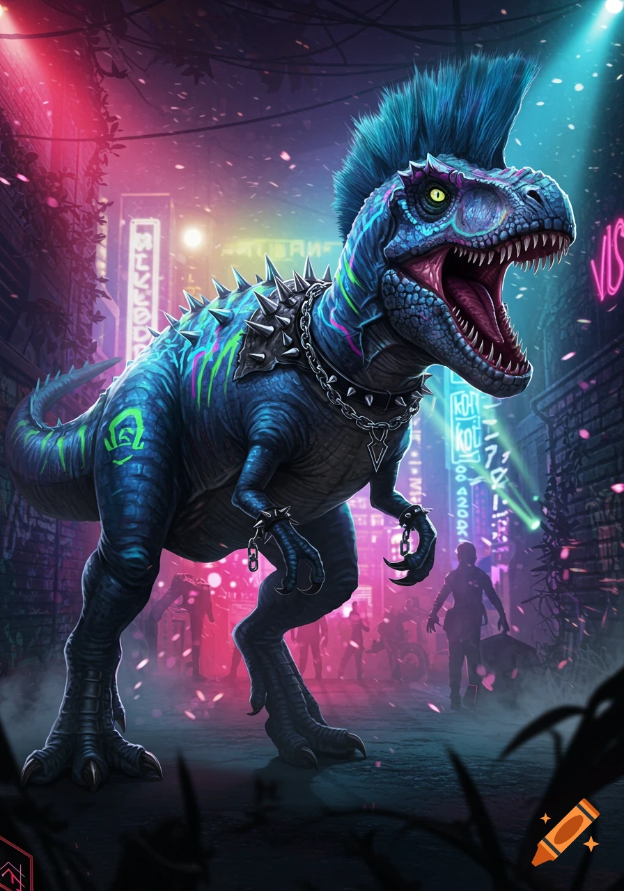 A large blue punk T-Rex with a mohawk, spiked collar, and chains stands in a neon-lit cyberpunk city street at night.